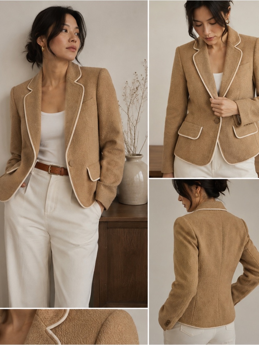 Club Monaco Camel Wool Blend Piped Blazer Quiet Luxury Preppy size 2